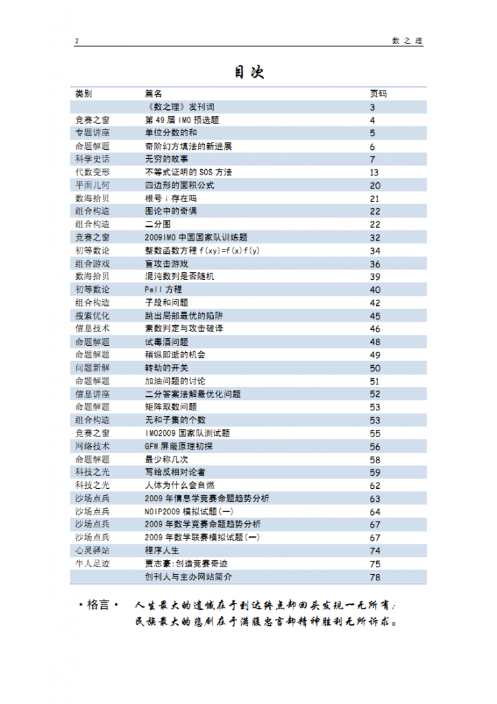 Above: Table of Contents of "Theory of Numbers" magazine