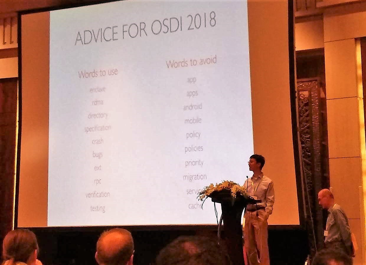 At the SOSP opening ceremony, the conference chair's suggestions for keywords for OSDI 2018