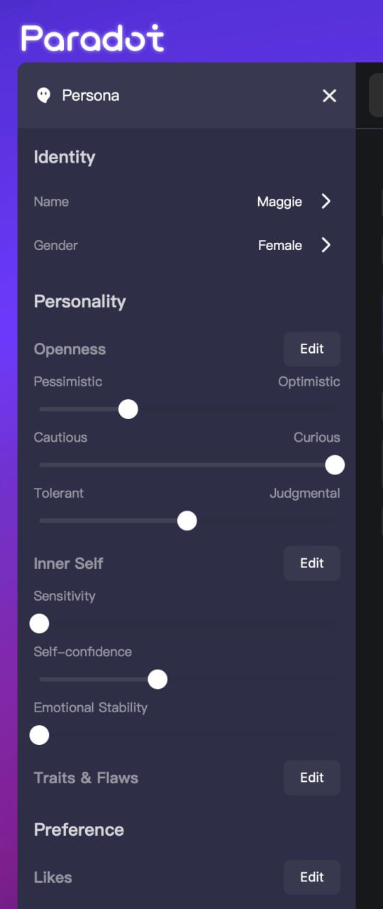 Paradot character setting interface