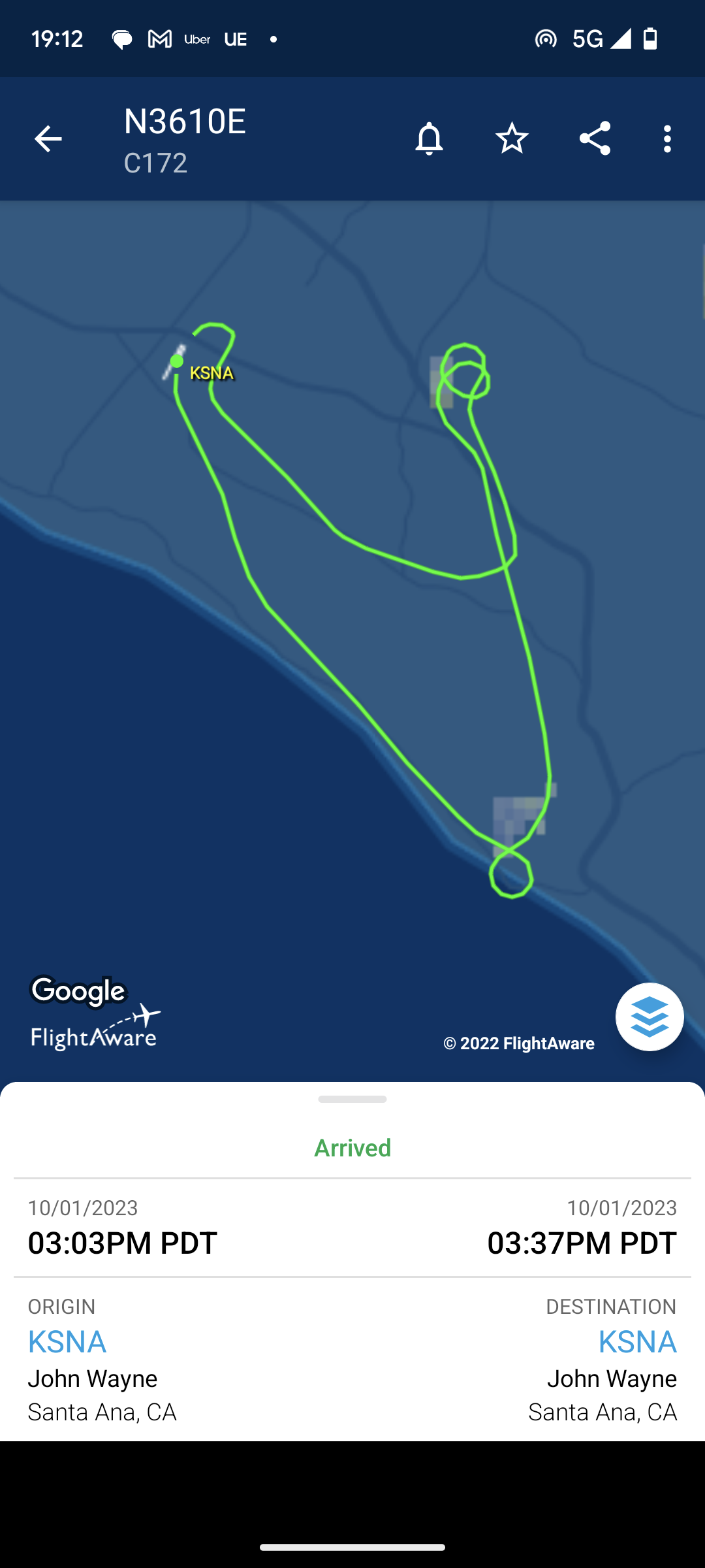 Record of the first flight around Irvine on FlightAware